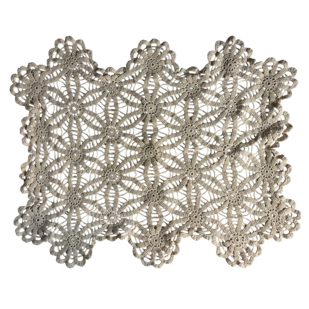 Vintage Cream Crochet Doily Table Topper Handmade Floral Lace Accent Decor 16x14